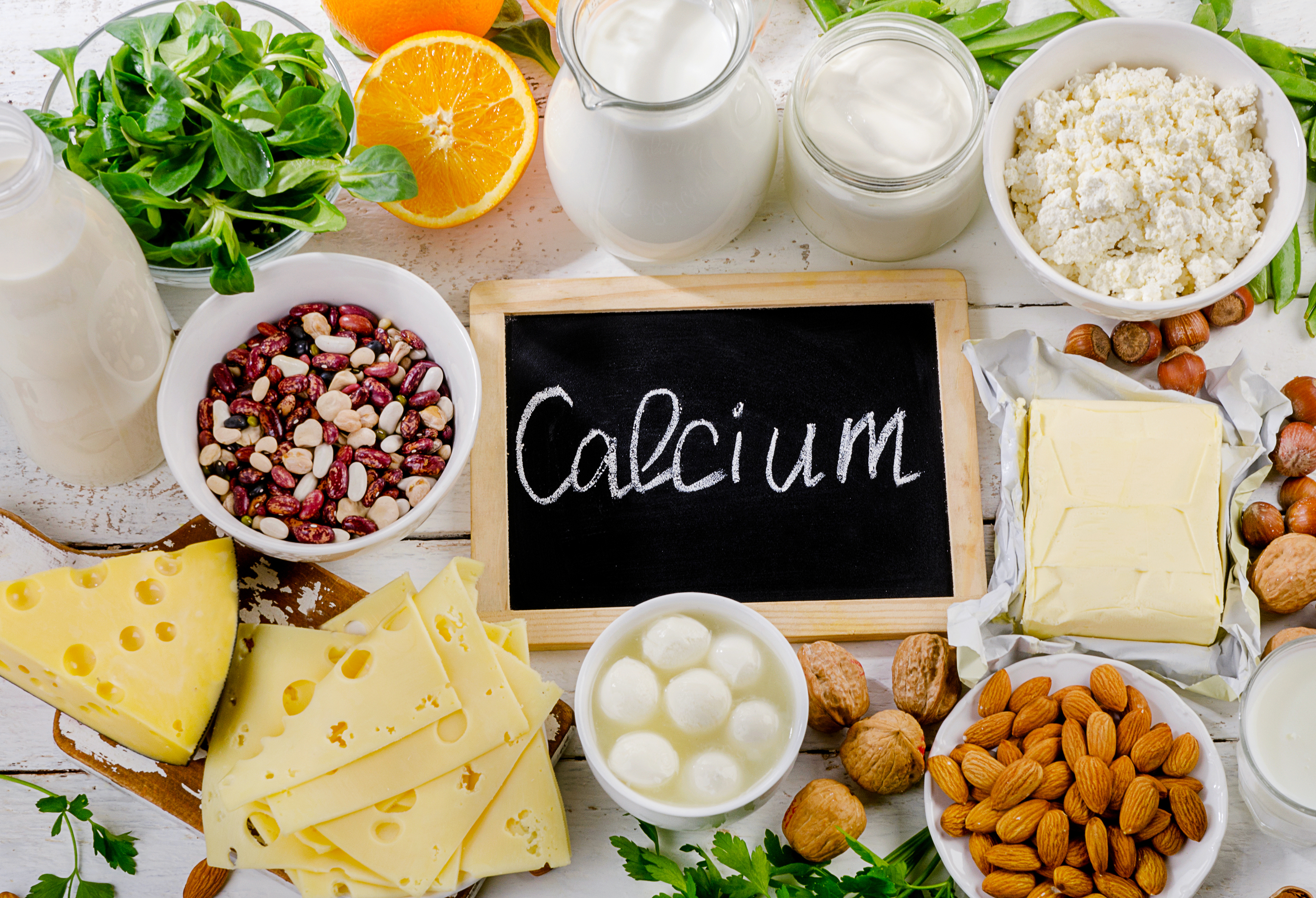 Calcium is found in foods like dairy, nuts and dark, leafy greens.